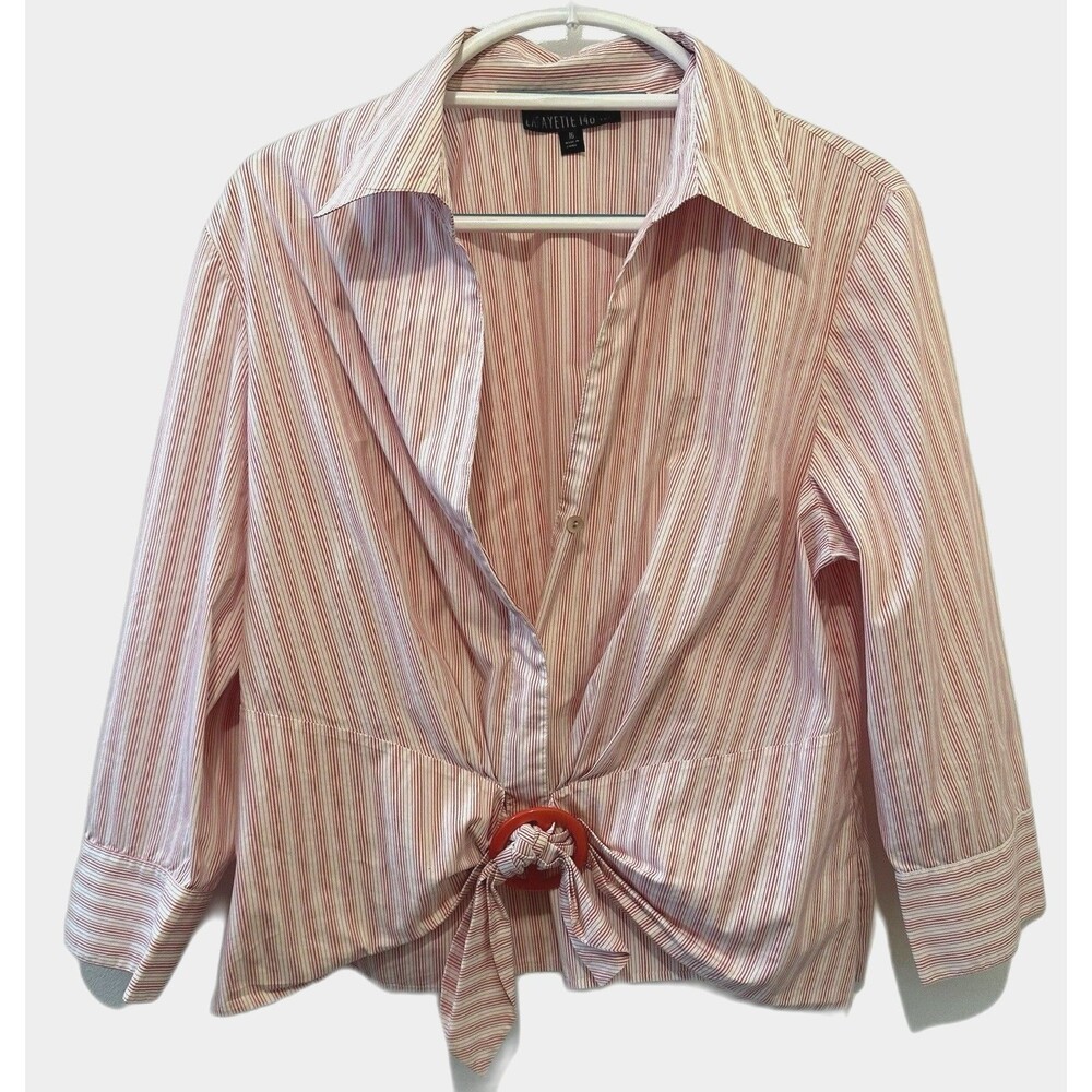 LAFAYETTE 148 Top Womens Size 16 Red Stripe Button Up Knotted Seersucker Popover